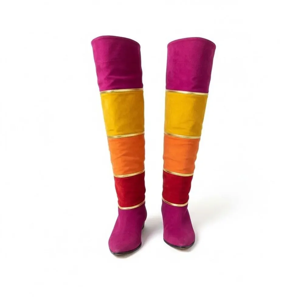 VINTAGE Lavorazione Artigiana MULTI COLOR SUEDE OVER KNEE/ CUFFED Boots SZ 9